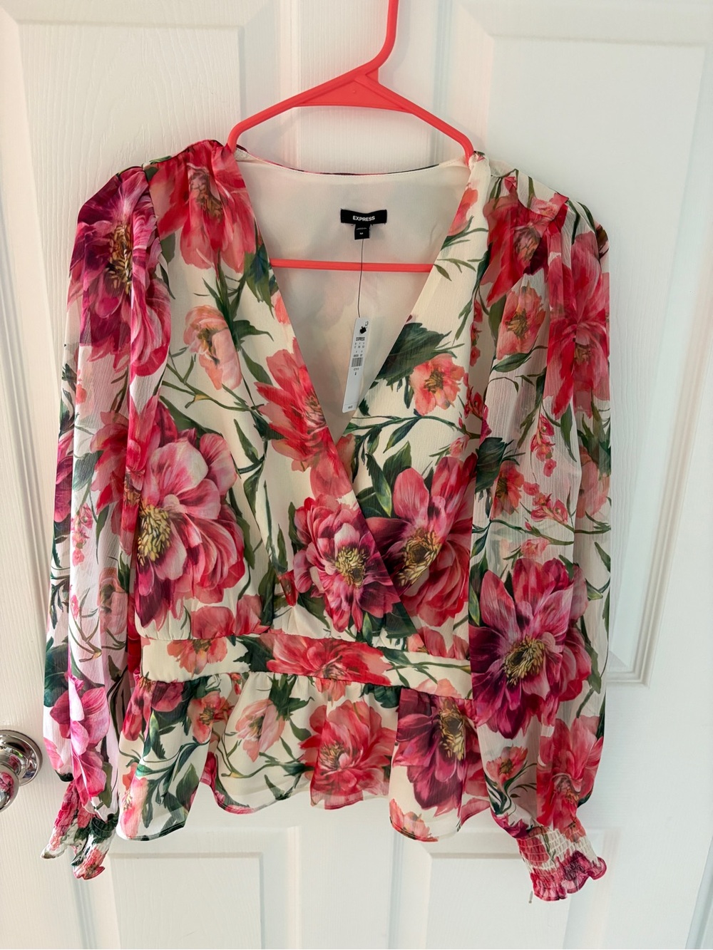 Express Floral V-Neck Blouse in Pink, Green and Cream